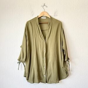 HANDLOOM Top Tunic Olive Green Button Up 3/4 Sleeve Relaxed Y2K